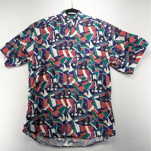 Henry Grethel Vintage 90s Flag Star Print Button Down Shirt Mens Multicolor S